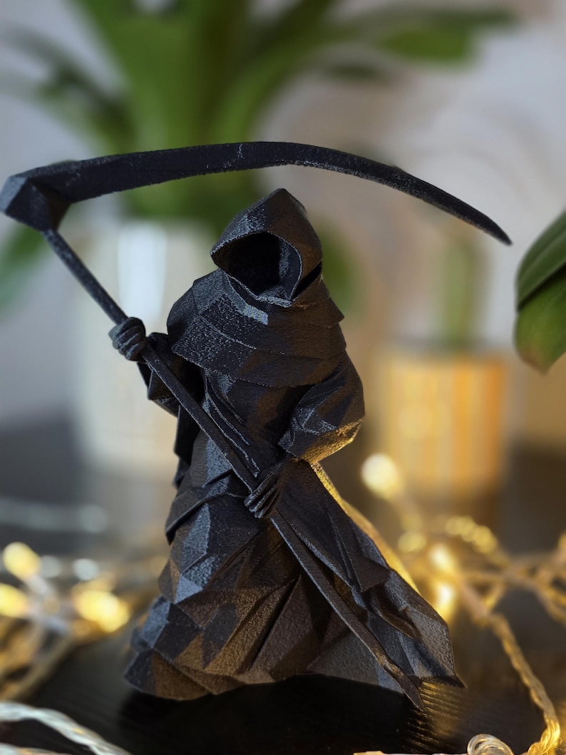 Grim Reaper Figurine — geometric low poly gothic sculpture, 3D printed
