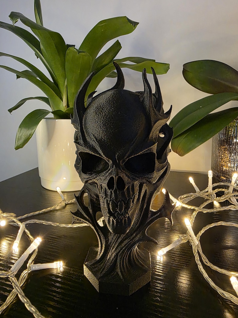 Twisted Fanged Skull Statuette — gothic horror sculpture, 3D printed